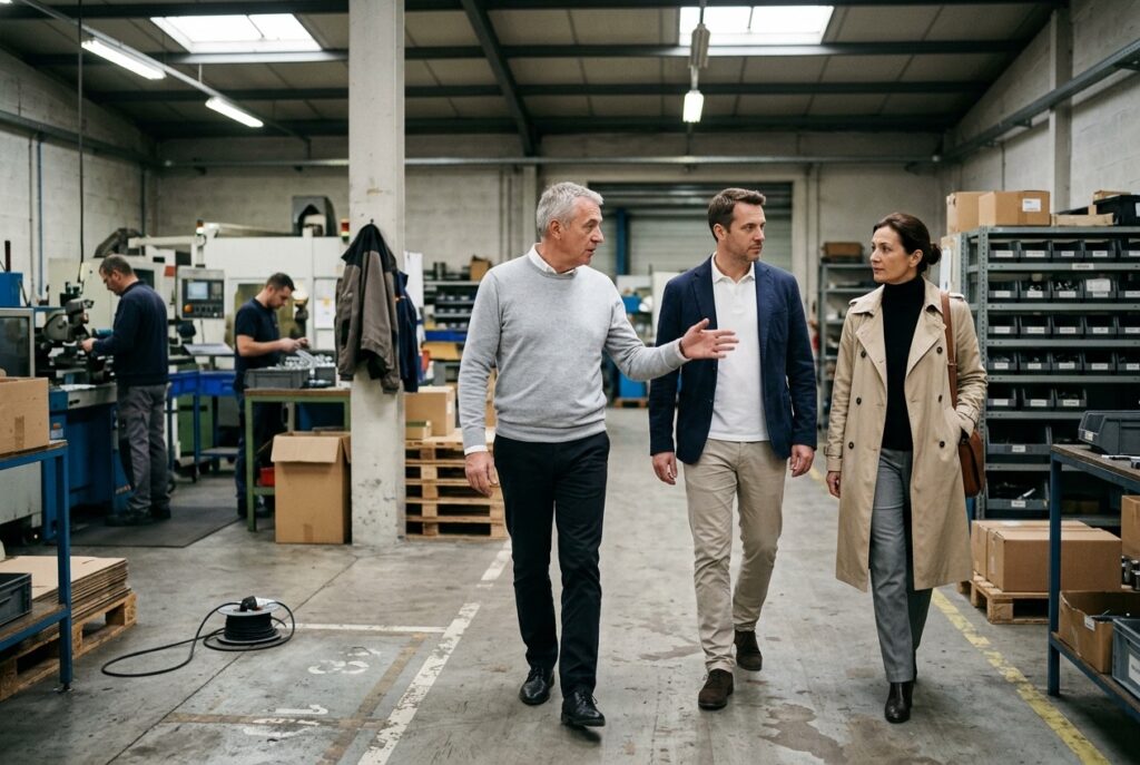 Un cédant fait traverser son atelier au repreneur. À leurs côtés, l'accompagnatrice observe le repreneur.